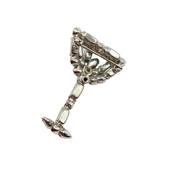 Blue Glass Rhinestone Large Silver Tone Wine Glass Vintage Brooch - Picture 4 of 4